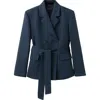 Mango Belted Pinstripe Jacket In Blue