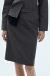 Mango Belted Pinstripe Stretch Pencil Skirt In Grey