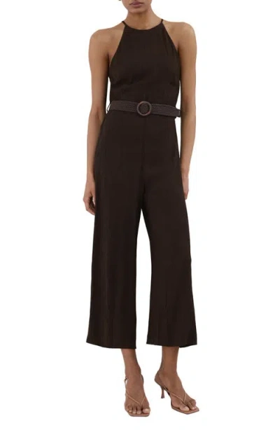 Mango Belted Sleeveless Crop Jumpsuit In Brown