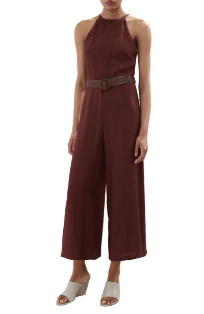 Mango Belted Sleeveless Crop Jumpsuit In Brown