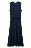 Mango Belted Sleeveless Midi Dress In Blue