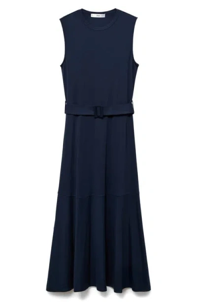 Mango Belted Sleeveless Midi Dress In Blue