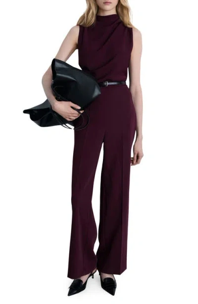 Mango Belted Sleeveless Wide Leg Jumpsuit In Wine