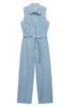 Mango Belted Sleeveless Zip Denim Jumpsuit In Light Blue