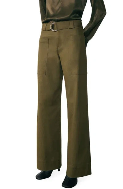 Mango Belted Stretch Cotton Wide Leg Cargo Pants In Green