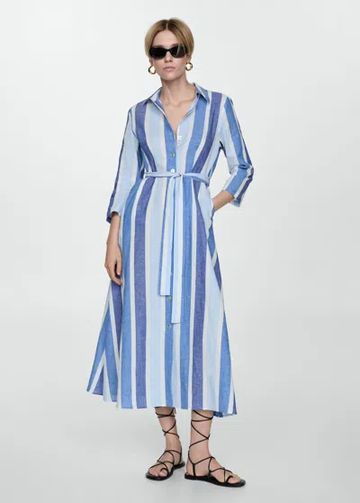 Mango Belted Striped Shirt Dress Blue
