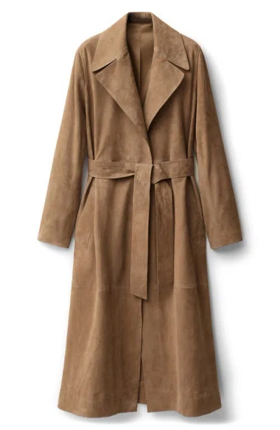 Mango Belted Suede Trench Coat In Medium Brown