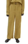 Mango Belted Textured Wide Leg Pants In Mustard