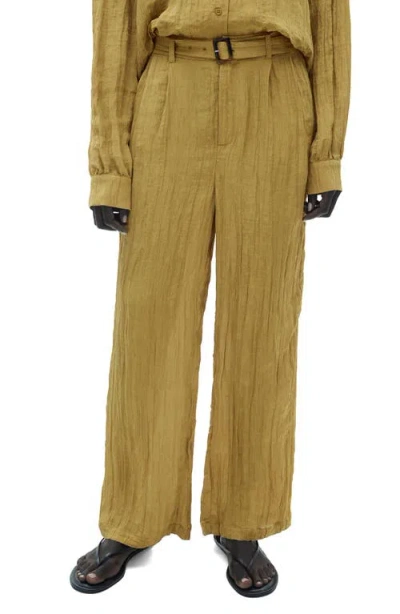 Mango Belted Textured Wide Leg Pants In Mustard