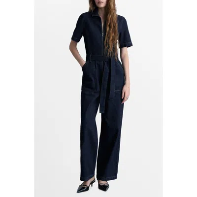 Mango Belted Wide Leg Denim Jumpsuit In Open Blue