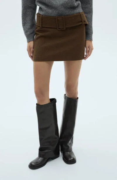 Mango Belted Wool Blend Sweater Miniskirt In Khaki