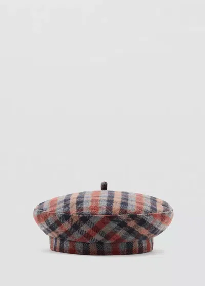 Mango Béret Laine Mélangée À Carreaux In Bleu