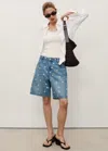 Mango Denim Bermuda Shorts With Floral Embroidery Medium Blue In Blue