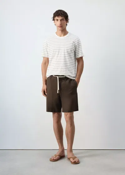 Mango Bermuda En Mélange Coton-lin Avec Cordon In Brown