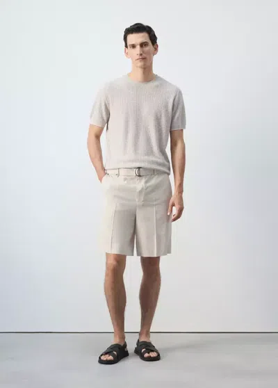 Mango Bermuda En Mélange De Lin Avec Ceinture In Neutral