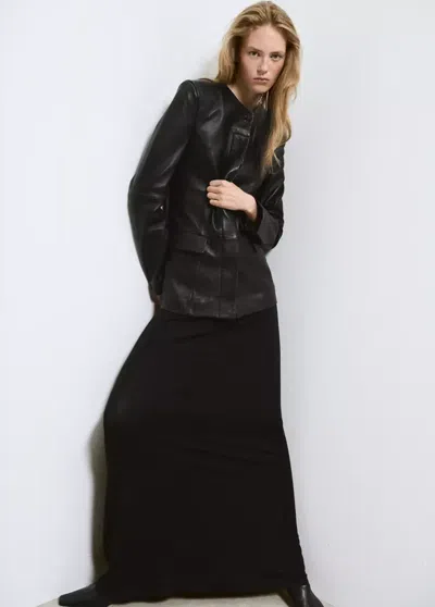 Mango Blazer En Cuir À Col Rond In Noir