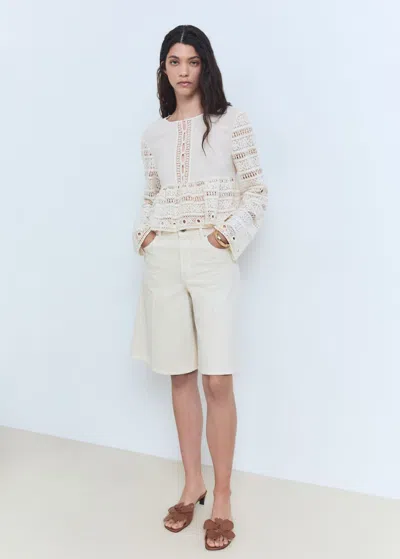 Mango Embroidered Cotton Blouse With Openwork Details In Blanc Cassé