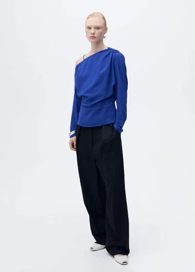 Mango Asymmetrical Gathered Blouse Vibrant Blue In Bleu Électrique