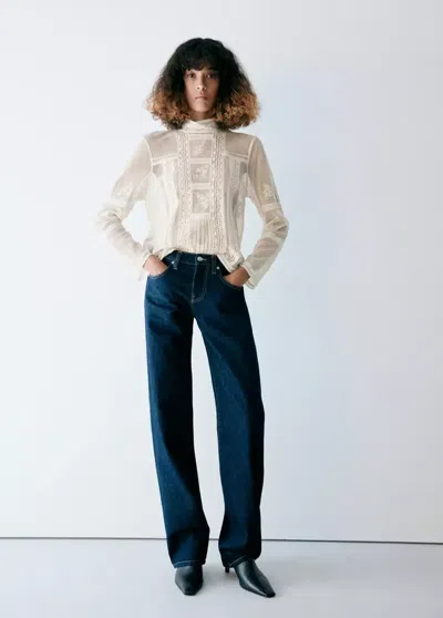 Mango Blouse Brodée À Col Montant In Écru