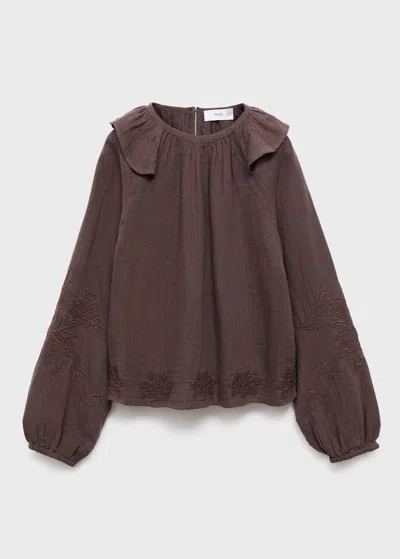 Mango Kids' Ruffled Embroidered Blouse In Brown