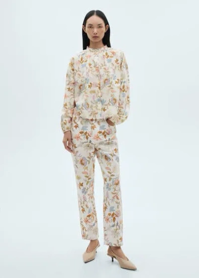 Mango Floral-print Cotton Blouse Ecru In Écru