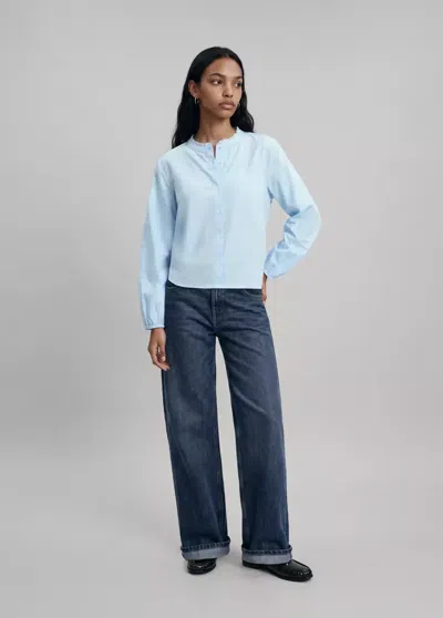 Mango Blouse Coton Col À Volant In Bleu Ciel