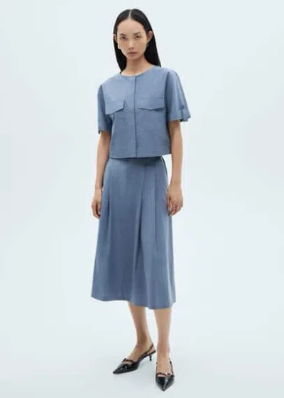 Mango Blouse Coton Poches Bleu - Femme - S -