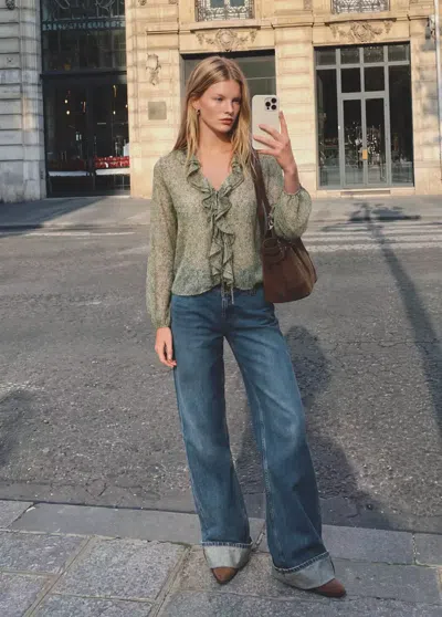 Mango Blouse Imprimée À Volants In Vert