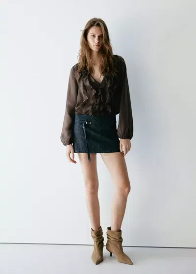 Mango Blouse Lyocell Volants In Marron