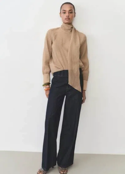 Mango Bow Textured Blouse Brown