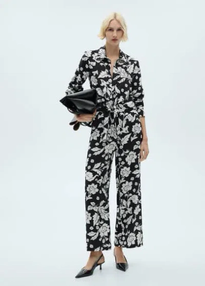 Mango Floral-print Blouse With Knot Detail Black In Noir