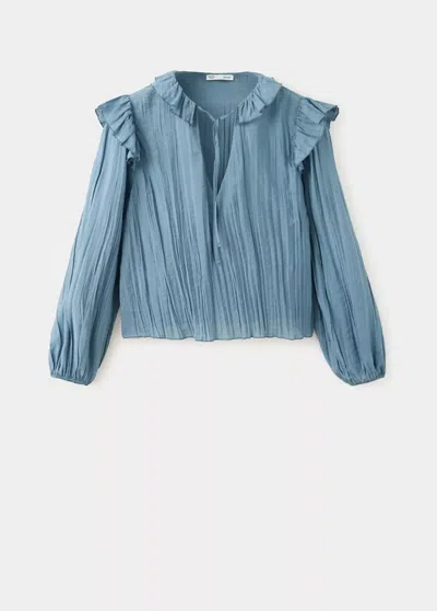 Mango Blouse Plissée Volants In Bleu Ciel