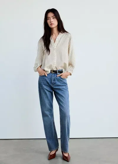 Mango Blouse Rayée Avec Détail À Volant In Écru