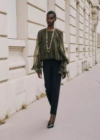 Mango Blouse Semi-transparente Volants In Green