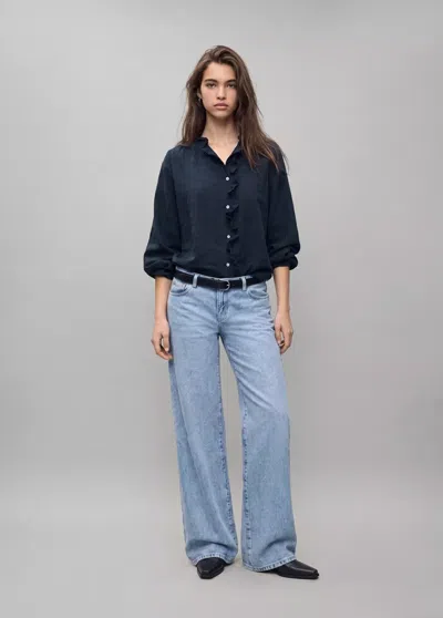Mango Blouse Texturée Avec Détail À Volant In Bleu Marine
