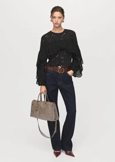 Mango Blouse With Perforated Embroidery And Ruffles Black