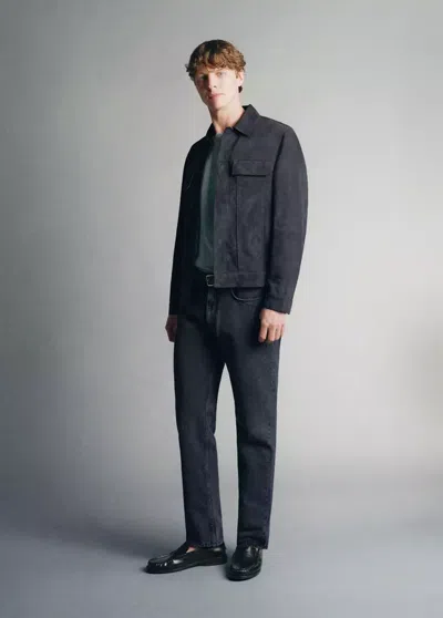 Mango Blouson 100 % Cuir Daim Poches In Blue