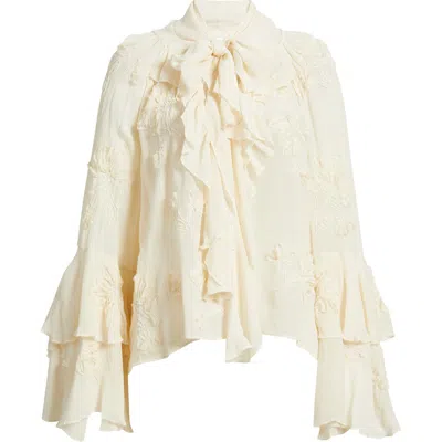 Mango Blusa Gigi Floral Embroidered Tie Mock Neck Top In White