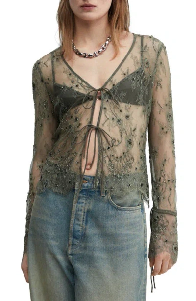 Mango Blusa Jenner Beaded Embroidered Top In Grey Stone