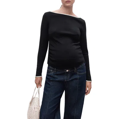 Mango Boat Neck Long Sleeve Cotton Maternity Top In Black