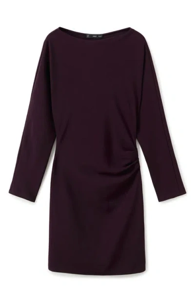 Mango Boat Neck Long Sleeve Ruched Minidress In Purple