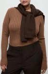 Mango Boat Neck Rib Sweater In Brown