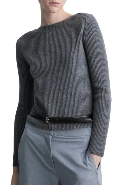 Mango Boat Neck Rib Sweater In Charcoal