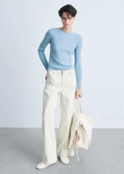 Mango Boat Neck Ribbed Sweater Sky Blue