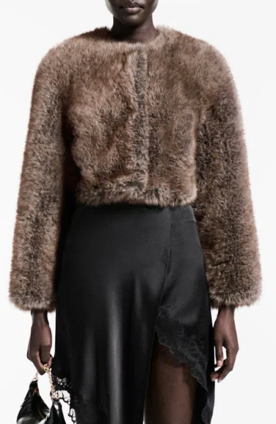Mango Boleta Faux Fur Crop Jacket In Beige