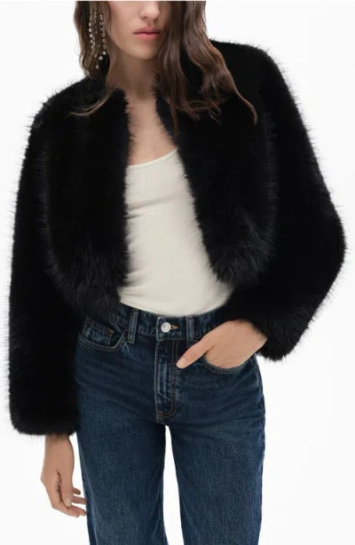 Mango Boleta Faux Fur Crop Jacket In Black