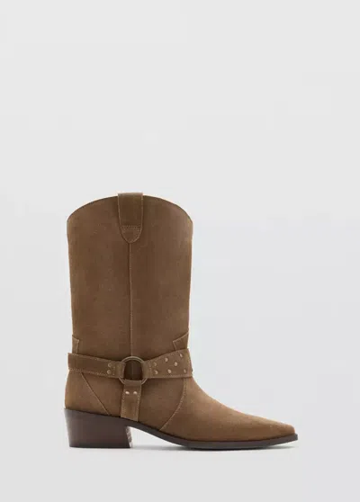 Mango Botte En Cuir Sergé Avec Détails De Lanières In Marron Moyen