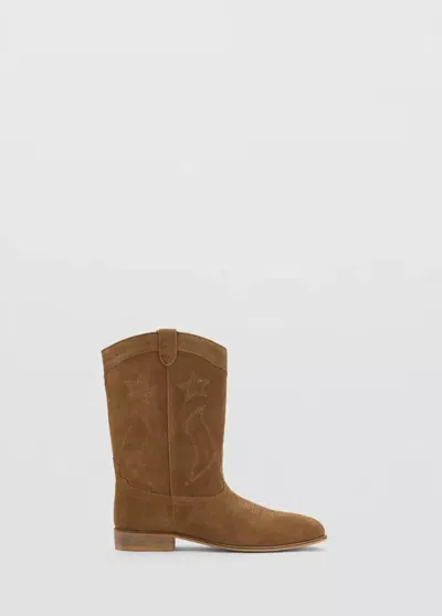 Mango Kids' Bottes Cowboy Cuir Broderie In Marron Moyen