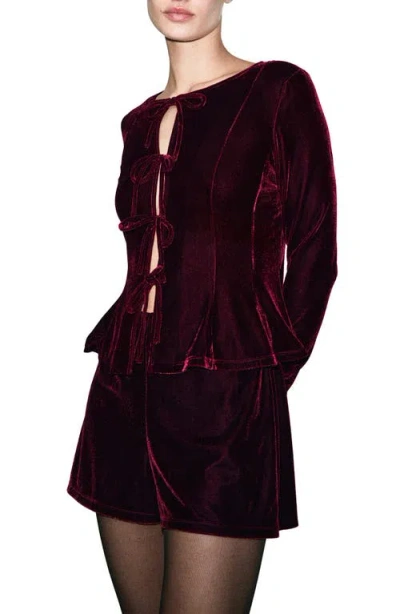 Mango Bow Front Velvet Top In Burgundy
