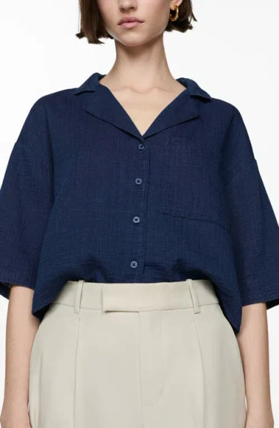 Mango Boxy Elbow Sleeve Cotton Camp Shirt In Night Blue